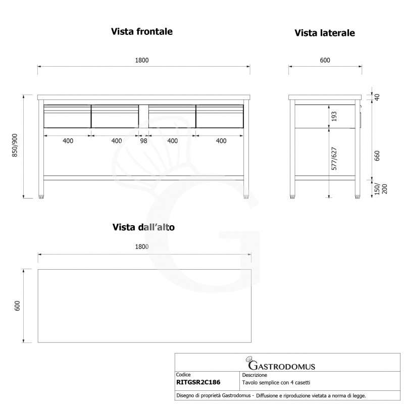 Tavolo inox 4 cassetti L 1800 mm x P 600 mm x H 850 mm