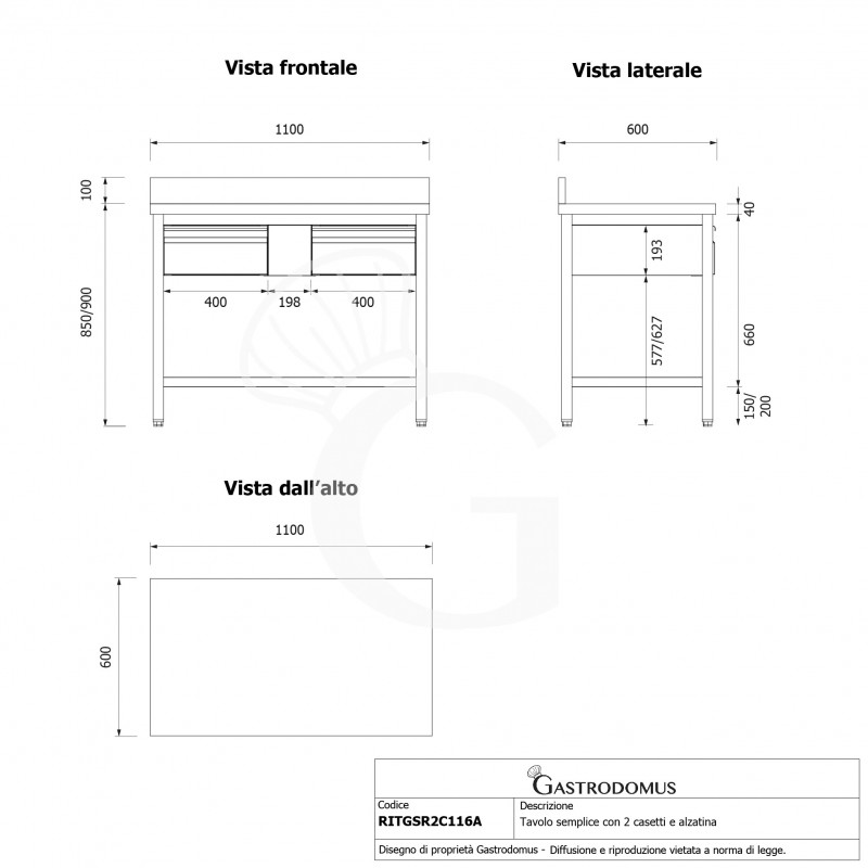 Tavolo inox 2 cassetti alzatina L 1100 mm x P 600 mm x H 950 mm