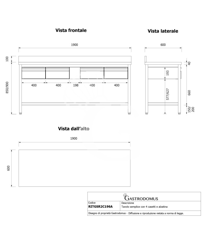 Tavolo inox 4 cassetti alzatina L 1900 mm x P 600 mm x H 950 mm
