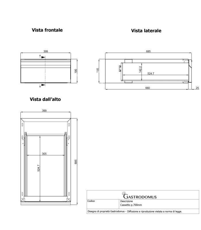 Tavolo inox 2 cassetti L 1300 mm x P 700 mm x H 850 mm