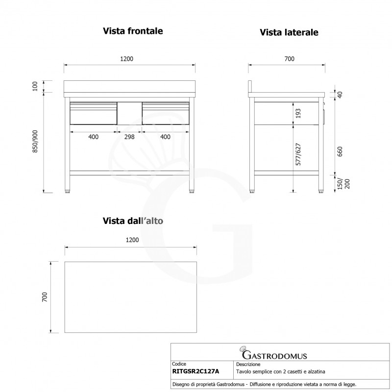 Tavolo inox 2 cassetti alzatina L 1200 mm x P 700 mm x H 950 mm