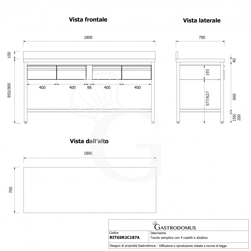 Tavolo inox 4 cassetti alzatina L 1800 mm x P 700 mm x H 950 mm