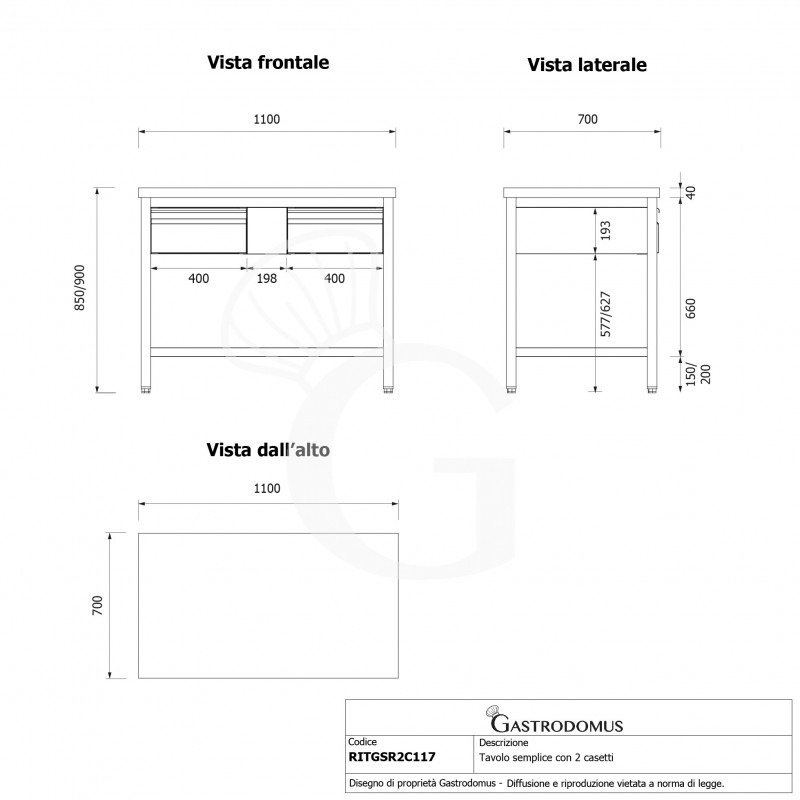 Tavolo inox 2 cassetti L 1100 mm x P 700 mm x H 850 mm