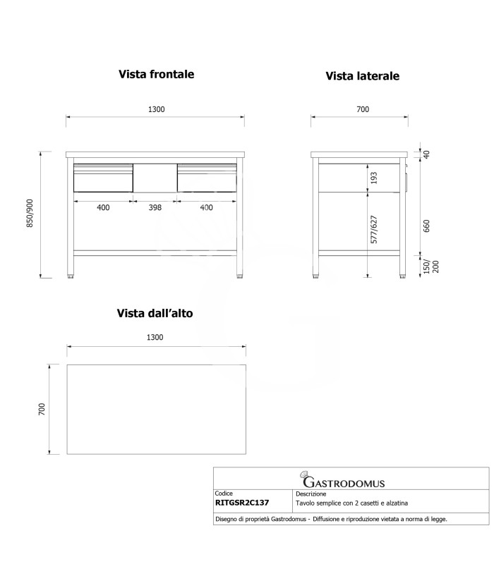 Tavolo inox 2 cassetti L 1300 mm x P 700 mm x H 850 mm