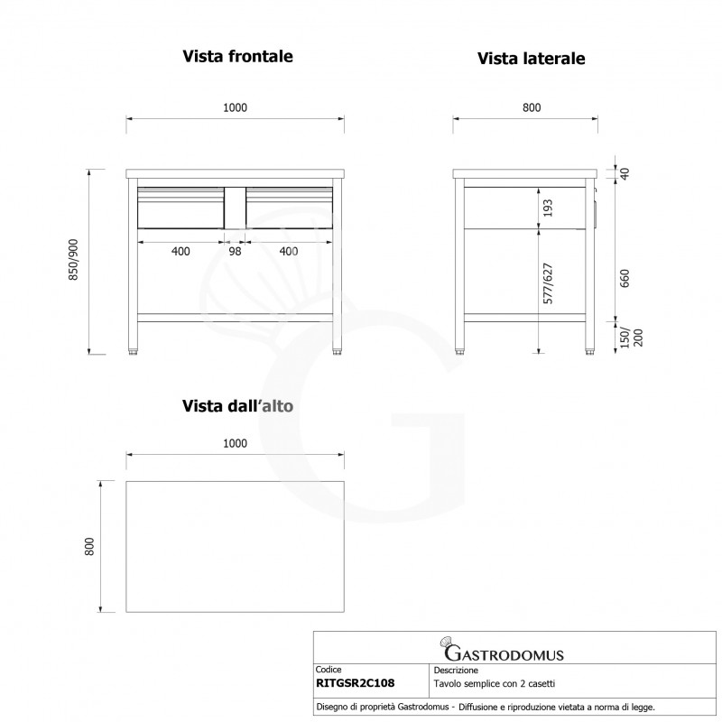 Tavolo inox 2 cassetti L 1000 mm x P 800 mm x H 850 mm