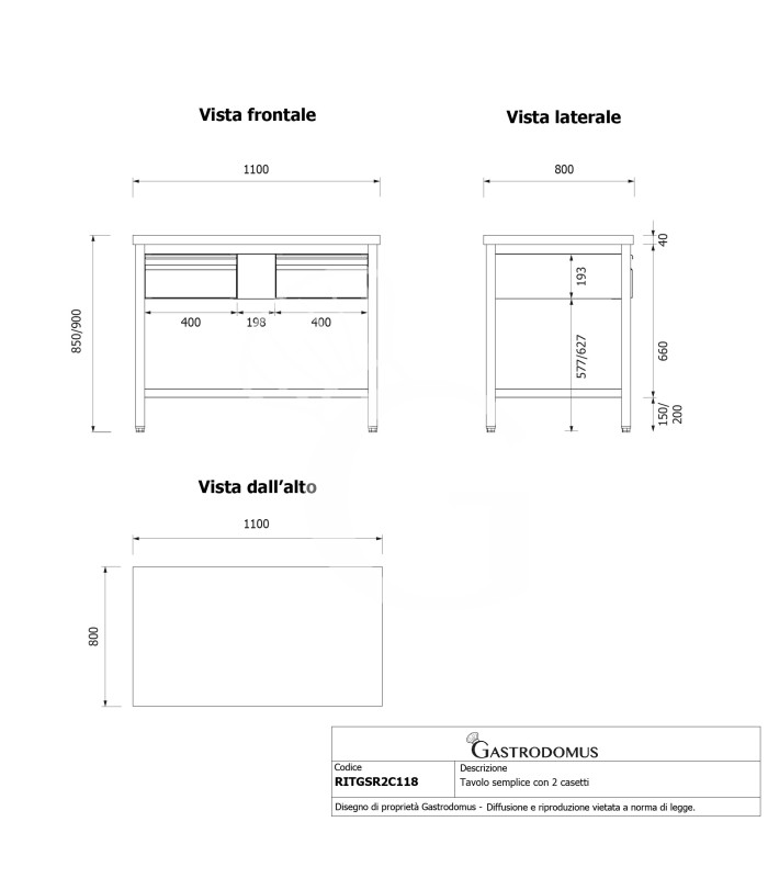 Tavolo inox 2 cassetti L 1100 mm x P 800 mm x H 850 mm