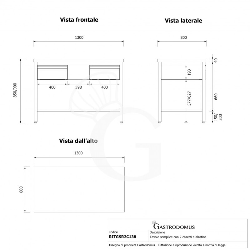 Tavolo inox 2 cassetti L 1300 mm x P 800 mm x H 850 mm