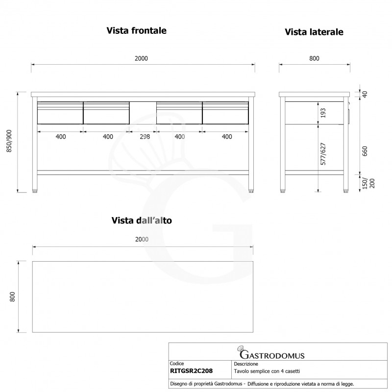 Tavolo inox 4 cassetti L 2000 mm x P 800 mm x H 850 mm