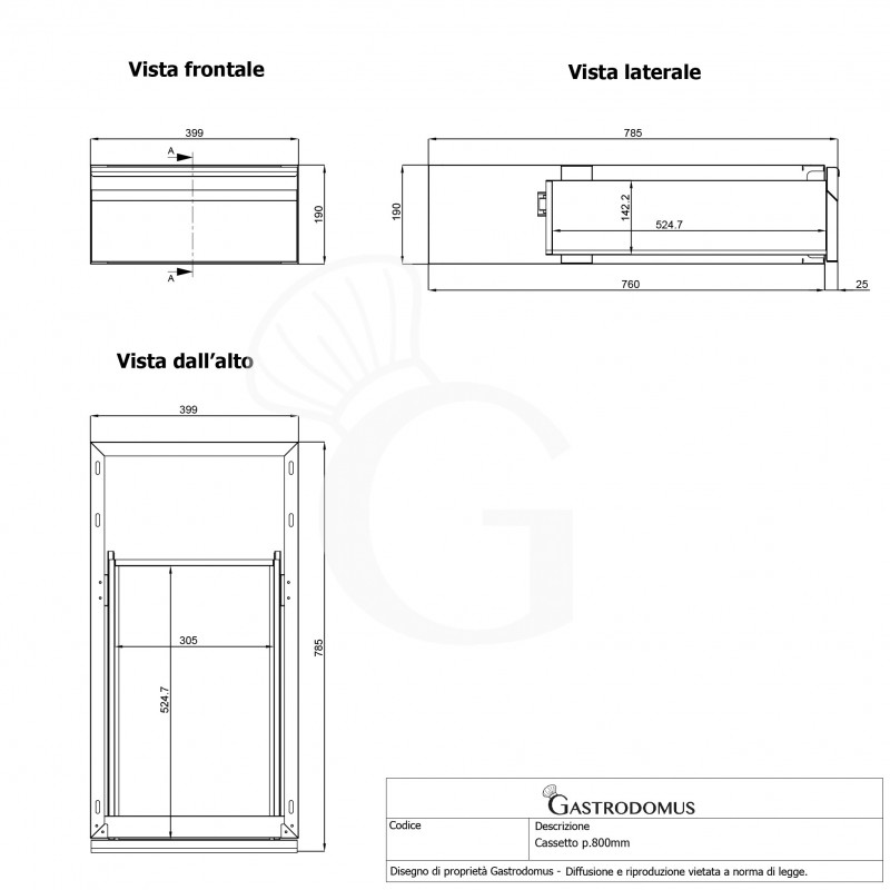 Tavolo inox 4 cassetti L 2000 mm x P 800 mm x H 850 mm