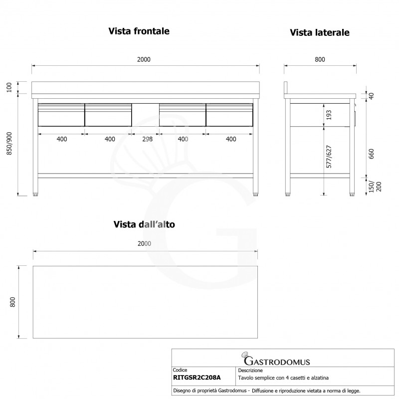 Tavolo inox 4 cassetti alzatina L 2000 mm x P 800 mm x H 950 mm