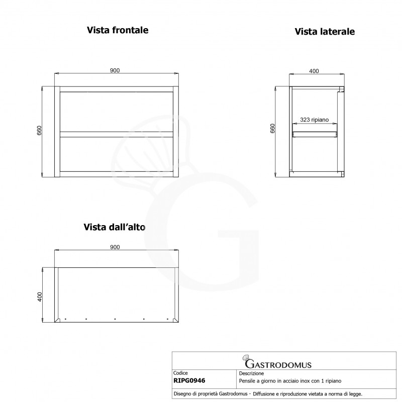 Pensile in acciaio inox a giorno con 1 ripiano, dimensioni L 900 x P 400 x H 660 mm