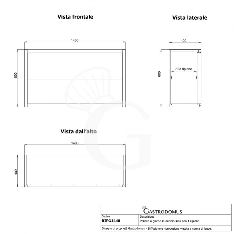 Pensile inox a giorno con 1 ripiano, L 1400 mm x P 400 mm x H 800 mm