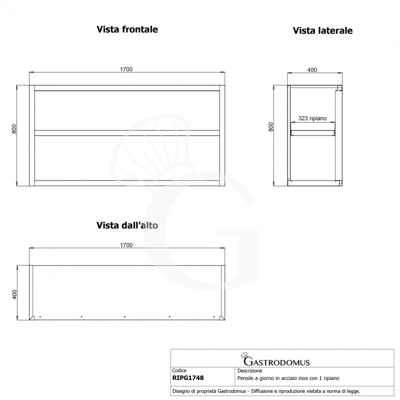 Pensile inox a giorno con 1 ripiano, L 1700 mm x P 400 mm x H 800 mm