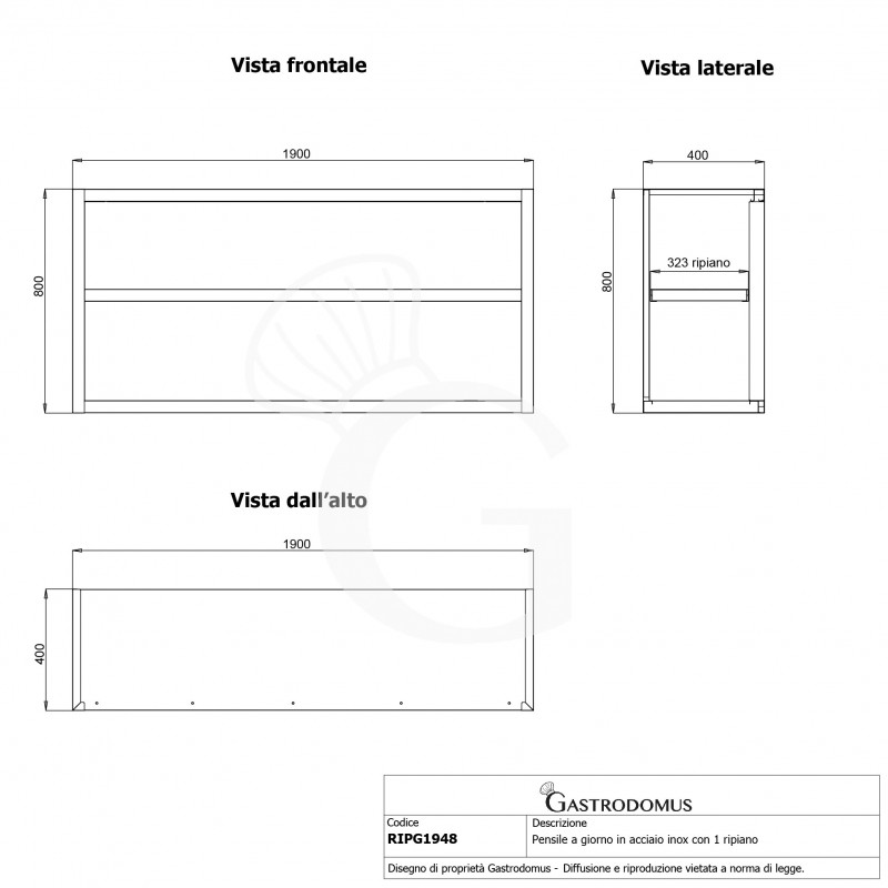 Pensile inox a giorno con 1 ripiano, L 1900 mm x P 400 mm x H 800 mm