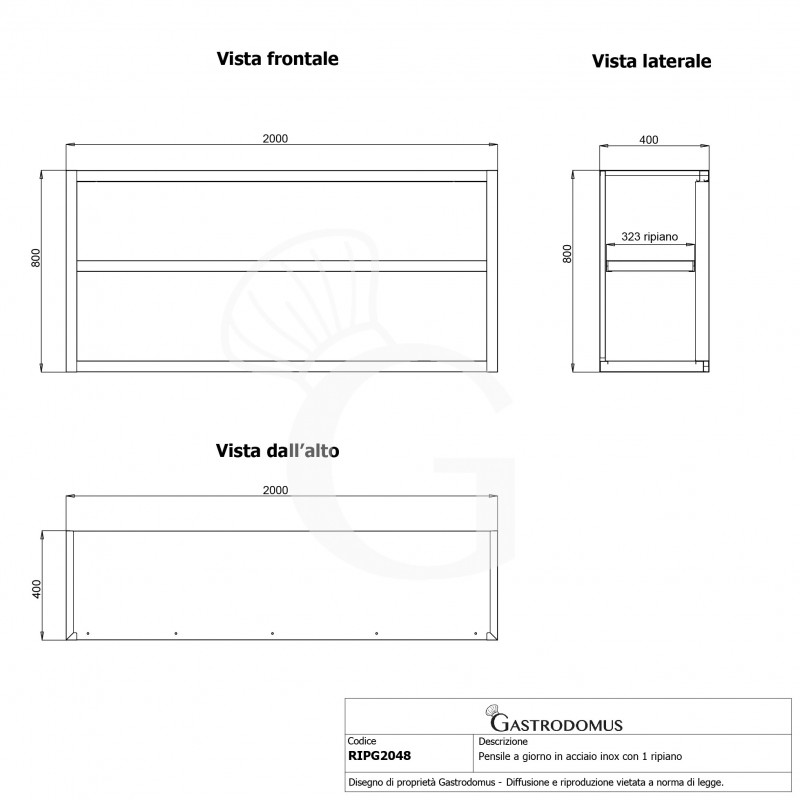 Pensile inox a giorno con 1 ripiano, L 2000 mm x P 400 mm x H 800 mm