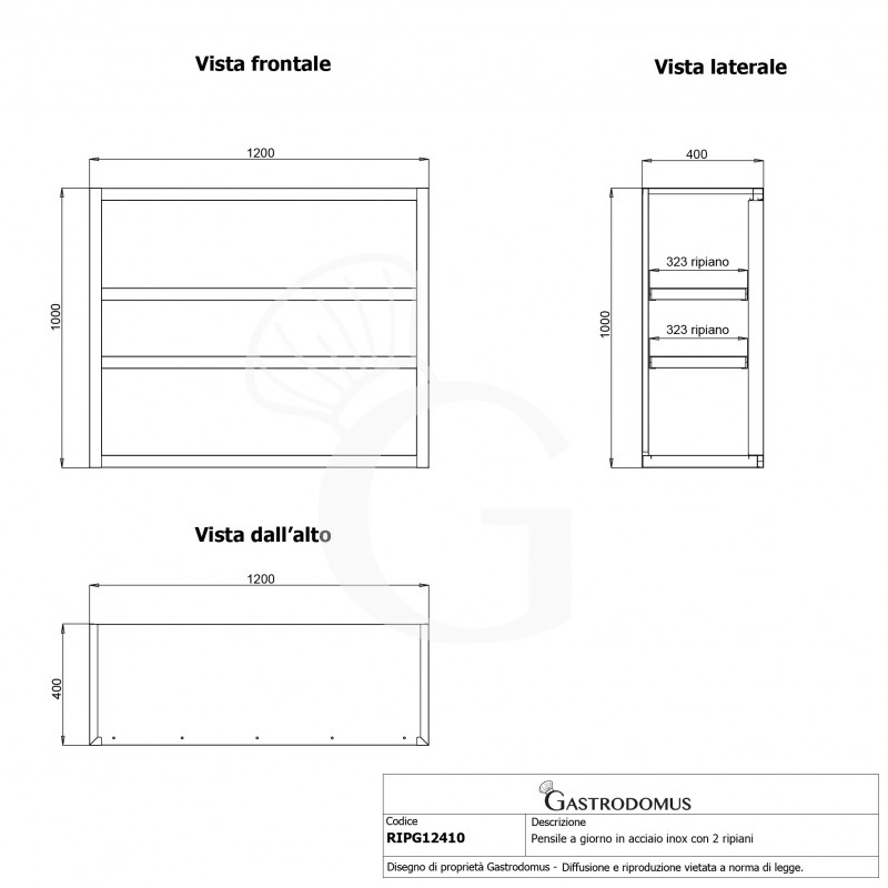 Pensile inox a giorno con 2 ripiani, L 1200 mm x P 400 mm x H 1000 mm