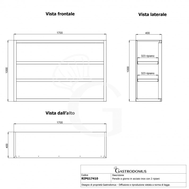 Pensile inox a giorno con 2 ripiani, L 1700 mm x P 400 mm x H 1000 mm
