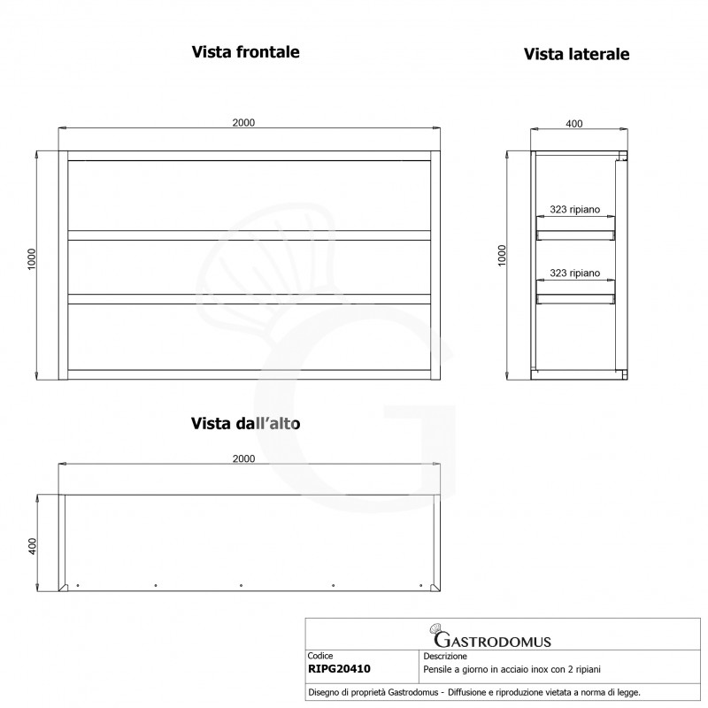 Pensile inox a giorno con 2 ripiani, L 2000 mm x P 400 mm x H 1000 mm