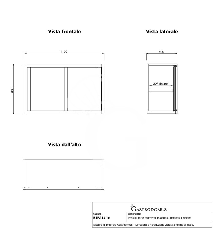 Pensile acciaio inox con porte scorrevoli, 1 ripiano, L 1100 x P 400 x H 660 mm