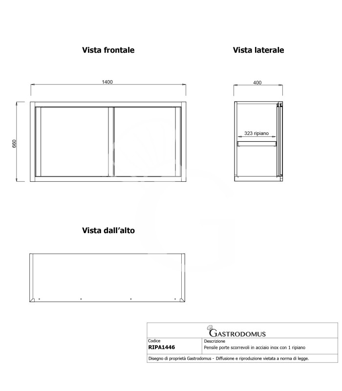 Pensile acciaio inox con porte scorrevoli, 1 ripiano, L 1400 x P 400 x H 660 mm