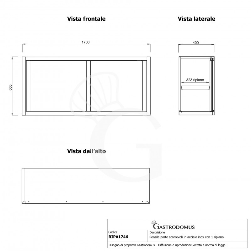 Pensile acciaio inox con porte scorrevoli, 1 ripiano, L 1700 x P 400 x H 660 mm