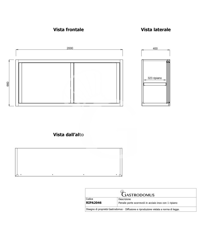 Pensile acciaio inox con porte scorrevoli, 1 ripiano, L 2000 x P 400 x H 660 mm