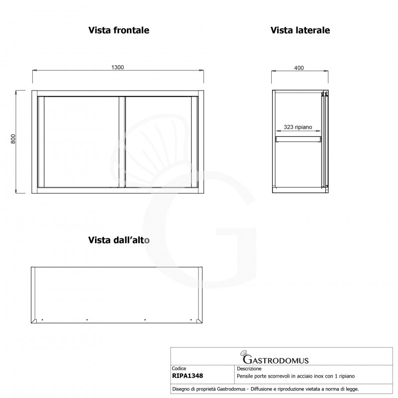 Pensile acciaio inox con porte scorrevoli, 1 ripiano, L 1300 x P 400 x H 800 mm