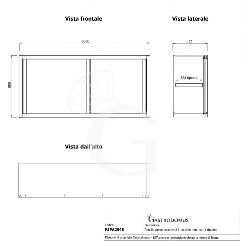 Pensile acciaio inox con porte scorrevoli, 1 ripiano, L 2000 x P 400 x H 800 mm