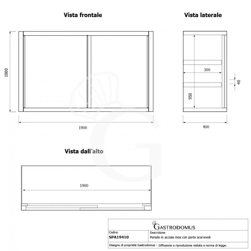 Pensile acciaio inox con porte scorrevoli, 2 ripiani, L 1900 x P 400 x H 1000 mm