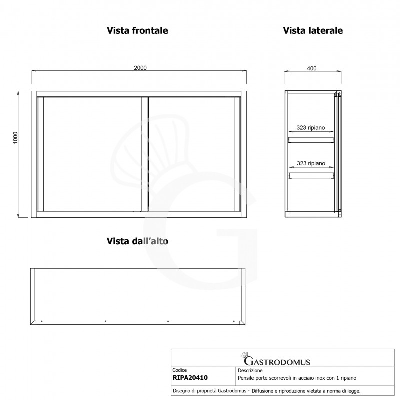 Pensile acciaio inox con porte scorrevoli, 2 ripiani, L 2000 x P 400 x H 1000 mm