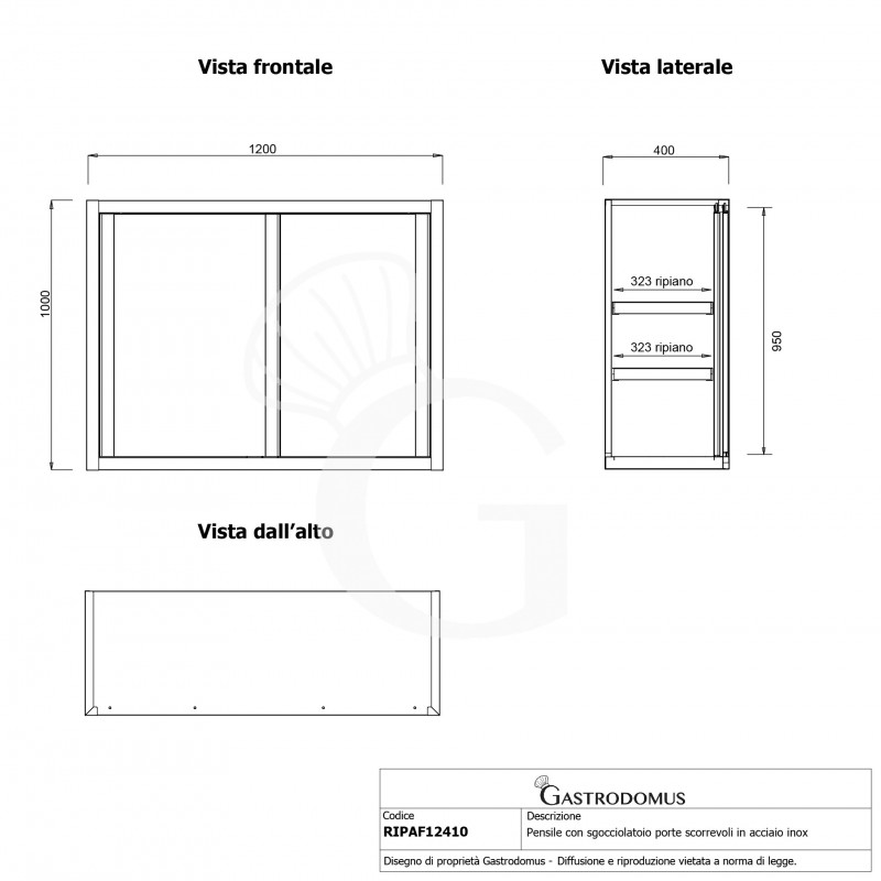 Pensile acciaio inox, 2 porte scorrevoli, 2 ripiani forati, sgocciolatoio, L 1200 x P 400 x H 1000 mm