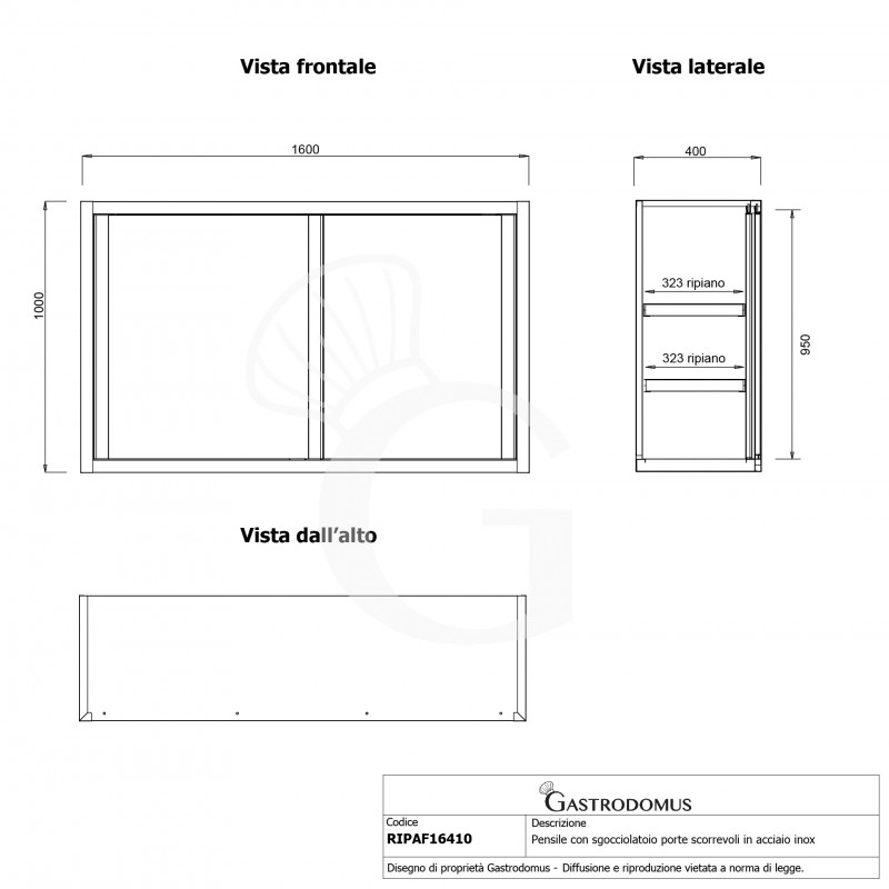 Pensile acciaio inox con sgocciolatoio,2 ripiani forati,porte scorrevoli L 1600 x P 400 x H 1000 mm