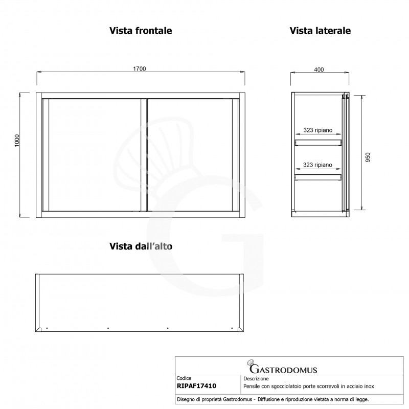 Pensile acciaio inox con sgocciolatoio,2 ripiani forati,porte scorrevoli L 1700 x P 400 x H 1000 mm