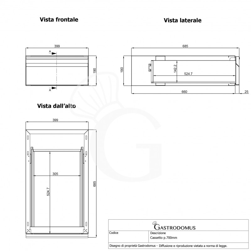 Tavolo inox 3 cassetti L 1700 mm x P 700 mm x H 850 mm