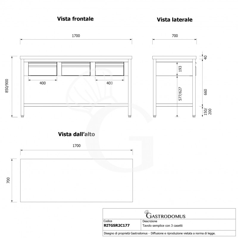 Tavolo inox 3 cassetti L 1700 mm x P 700 mm x H 850 mm