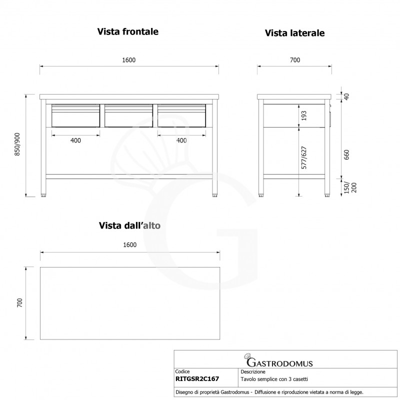 Tavolo inox 3 cassetti L 1600 mm x P 700 mm x H 850 mm