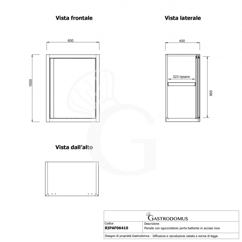 Pensile acciaio inox con sgocciolatoio,1 ripiano forato,1 porta battente L 600 x P 400 x H 1000 mm