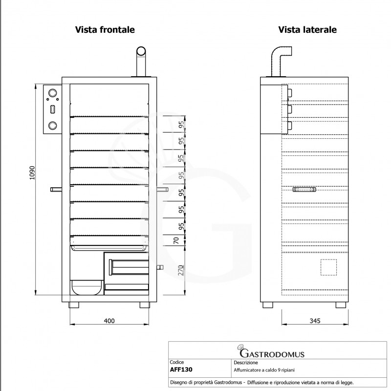 Affumicatore a caldo con 9 ripiani L 630 x P 450 x H 1310 mm