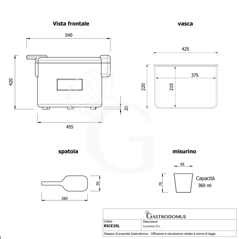 Cuociriso elettrico professionale capacità 25 LT Ø 460 mm x H 420 mm 2,65 KW