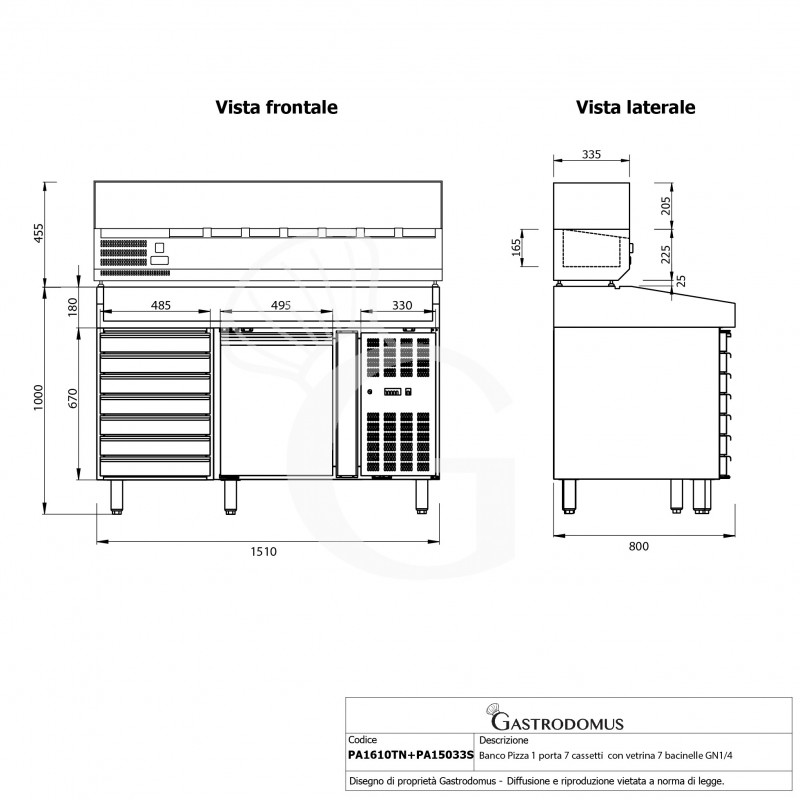 Banco Pizza refrigerato piano in granito 1 porta 7 cassetti vetrina 7 bacinelle GN1/4 motore a sinistra 210 LT
