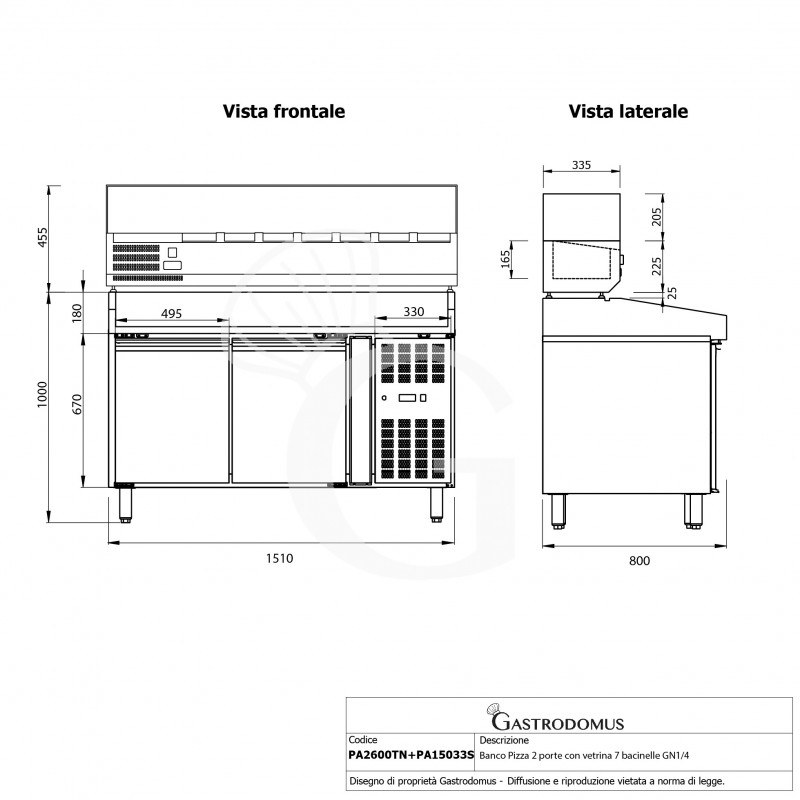 Banco Pizza refrigerato piano in granito 2 porte vetrina  7 bacinelle GN1/4 motore a sinistra 390 LT