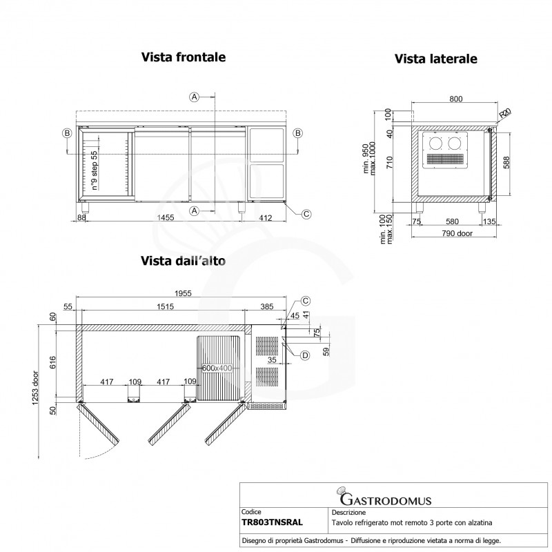 Tavolo Refrigerato 3 porte alzatina Prof. 800 mm 0°C/+10°C motore remoto