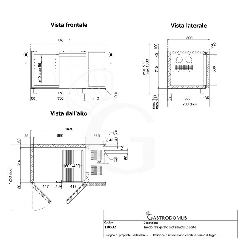 Tavolo Refrigerato 2 porte alzatina Prof. 800 mm -22°C/-18°C motore remoto