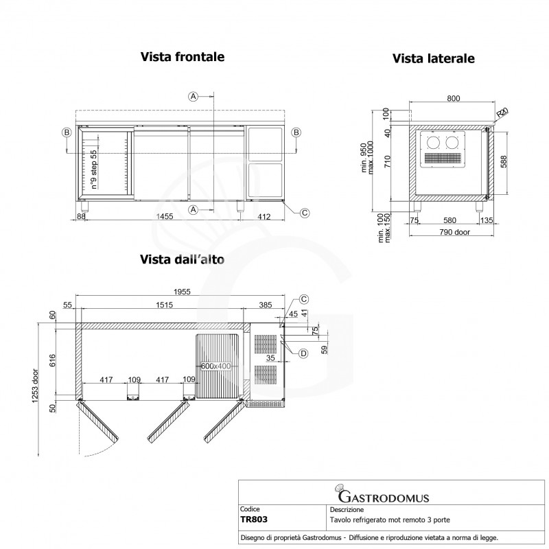 Tavolo Refrigerato 3 porte alzatina Prof. 800 mm -22°C/-18°C motore remoto