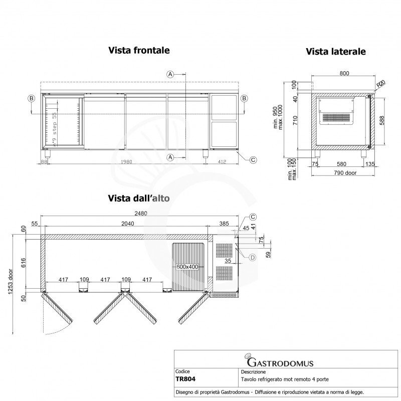 Tavolo Refrigerato 4 porte alzatina Prof. 800 mm 0°C/+10°C motore remoto