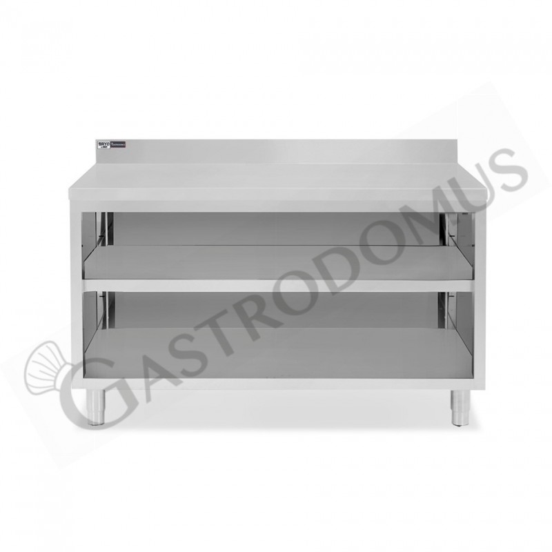 Tavolo a giorno in acciaio inox con 2 ripiani, alzatina L 1700 mm x P 600 mm x H 965 mm Tavolo a giorno in acciaio inox con 2 ripiani, alzatina L 1700 mm x P 600 mm x H 965 mm