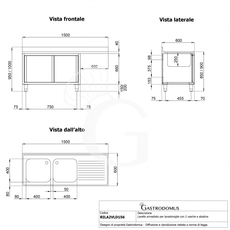 Lavello armadiato vano lavastoviglie,2 vasche,gocciolatoio destra,L1500xP600xH950mm