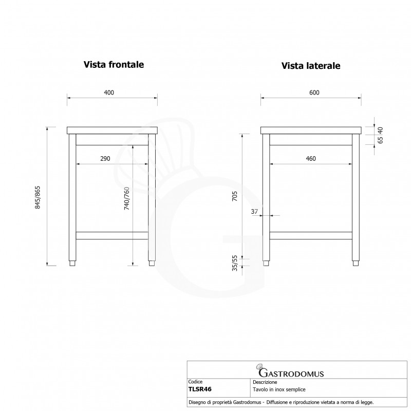 Tavolo inox L 400 mm x P 600 mm x H 865 mm