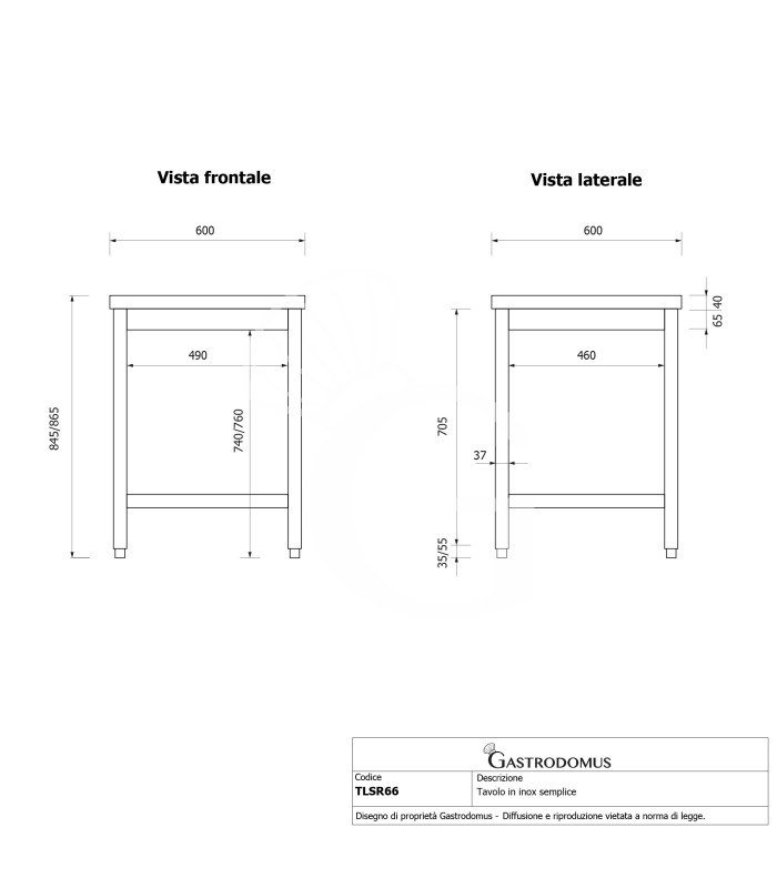 Tavolo inox L 600 mm x P 600 mm x H 865 mm