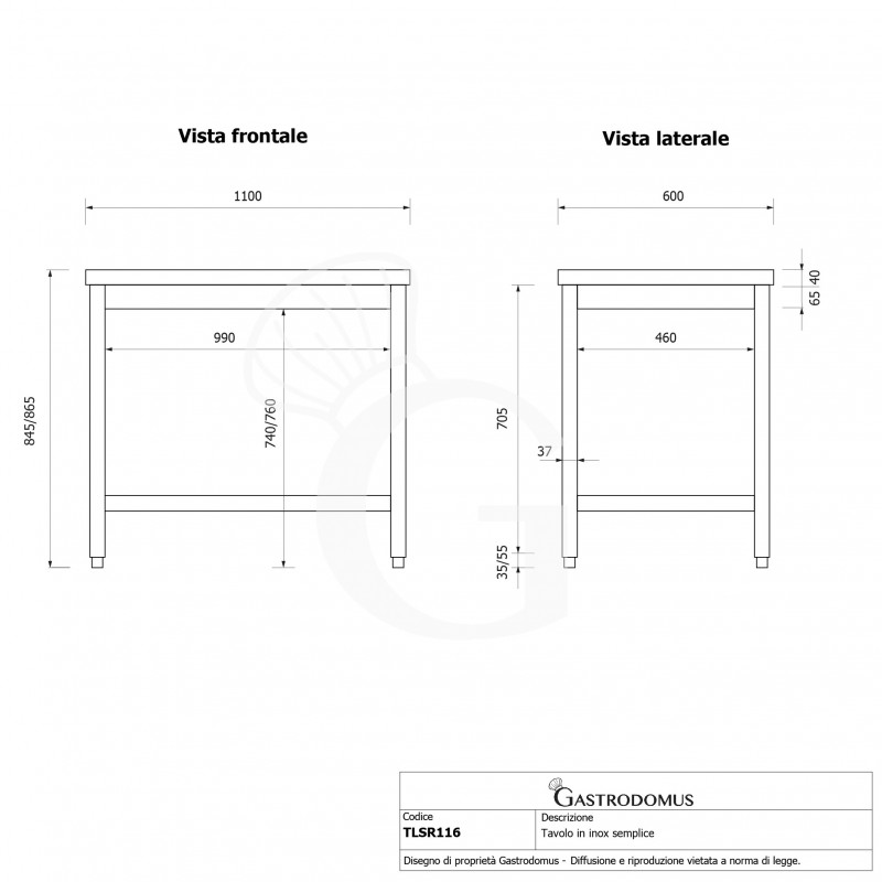 Tavolo inox L 1100 mm x P 600 mm x H 865 mm